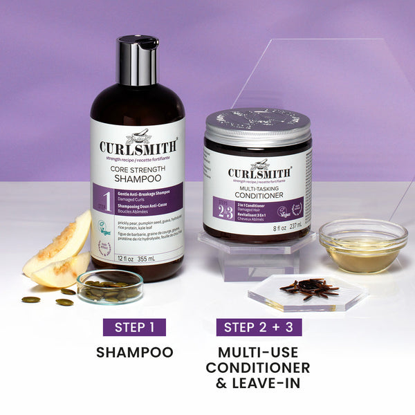Curlsmith Strength shampoo and conditioner with step-by-step instructions on a purple background