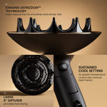 Hair dryer with diffuser attachment on a beige background, highlighting features like ionizing defrizzion technology and sustained cool setting.