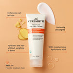 Curlsmith weightless air dry cream tube with text highlighting its benefits on a beige background