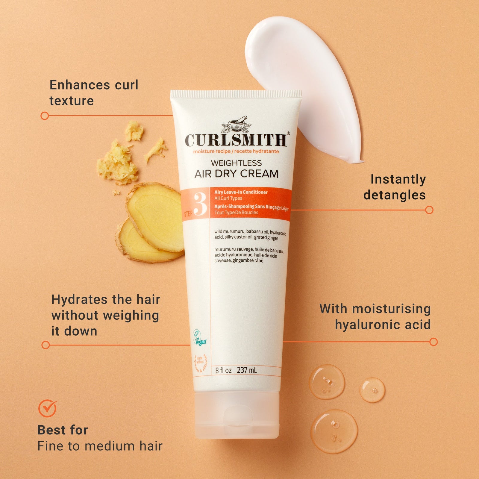 Curlsmith weightless air dry cream tube with text highlighting its benefits on a beige background