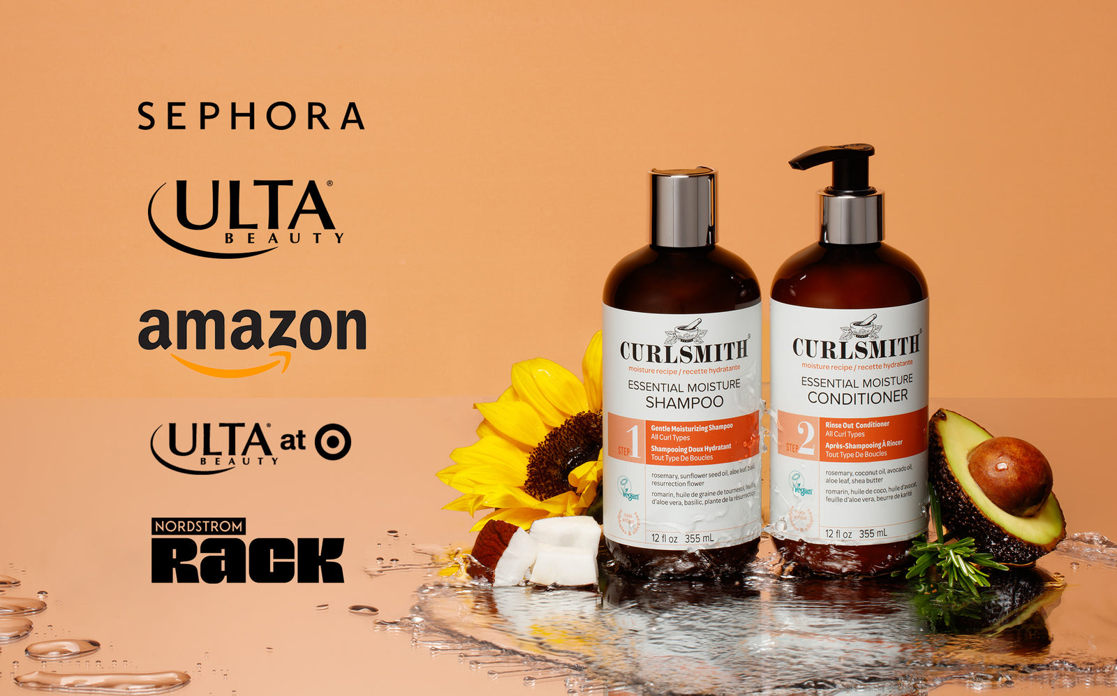 Two bottles of Curlsmith shampoo and conditioner with branding logos on an orange background.