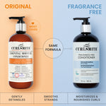 Two bottles of Curlsmith conditioner, one labeled 'Original' and the other 'Fragrance Free', on a split background.