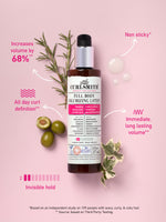 Bottle of Full Body Volumizing Lotion against pink background with rosemary and olives and text showcasing benefits 