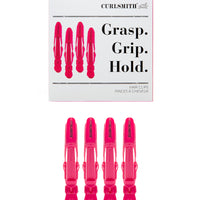 Set of pink hair clips with packaging displaying 'Curlsmith' and text on a white background