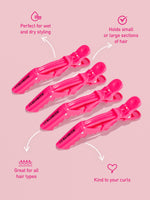 Set of pink hair clips on a pink background with text describing their features.