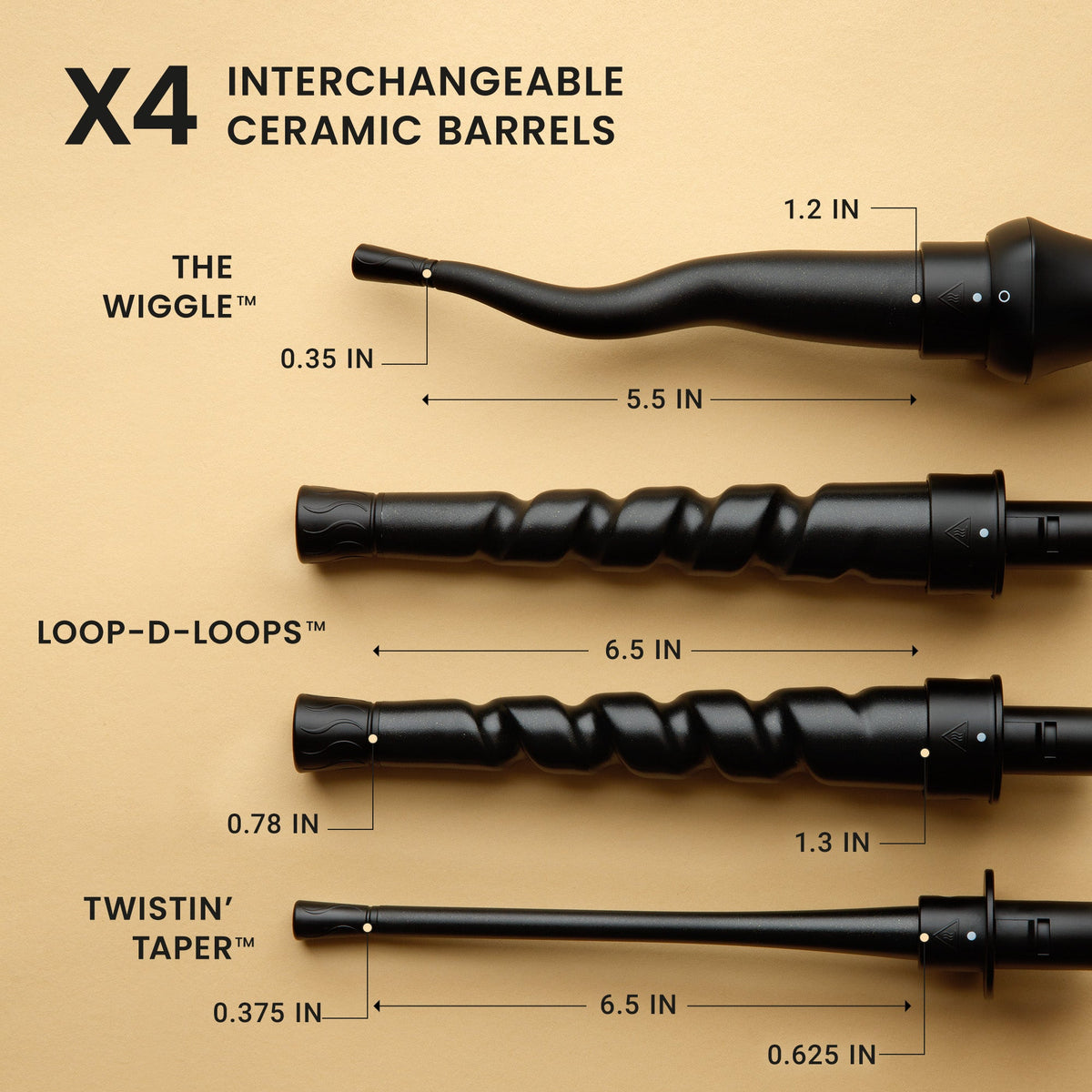 Set of interchangeable ceramic barrels with dimensions on a beige background