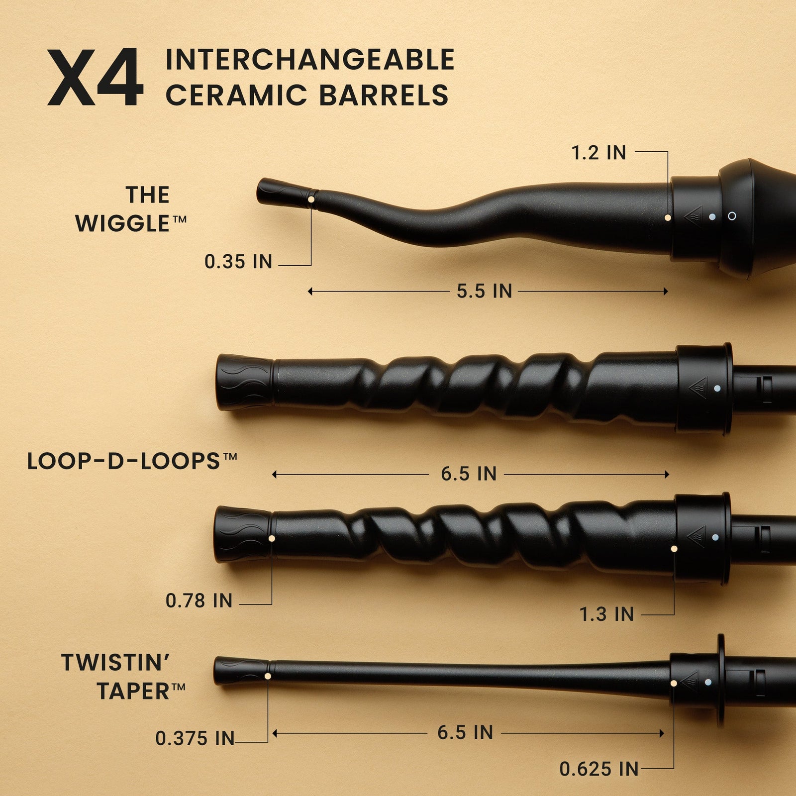 Set of interchangeable ceramic barrels with dimensions on a beige background, Click to enlarge