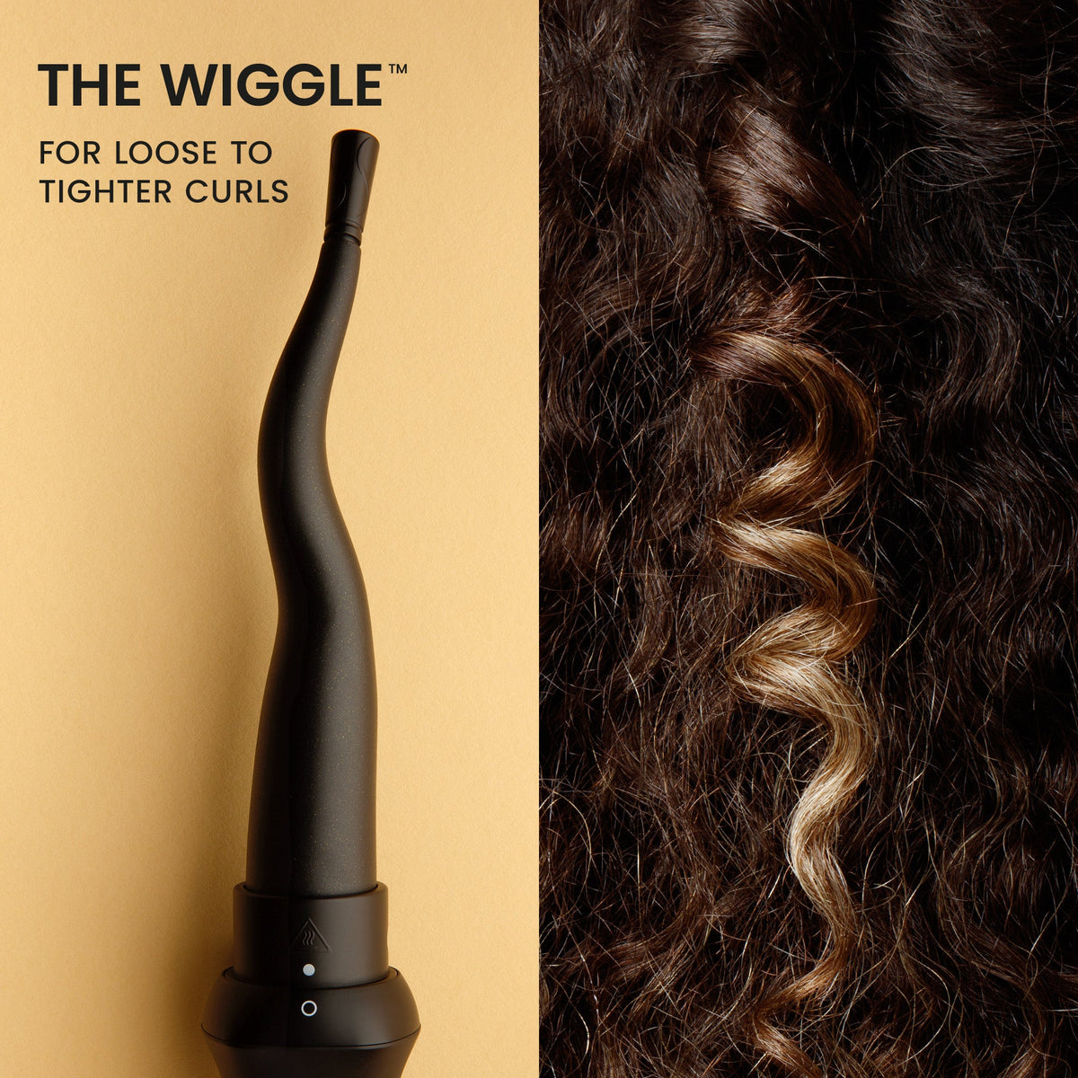 Black hair styling tool with curly hair on a beige background, labeled 'The Wiggle'.