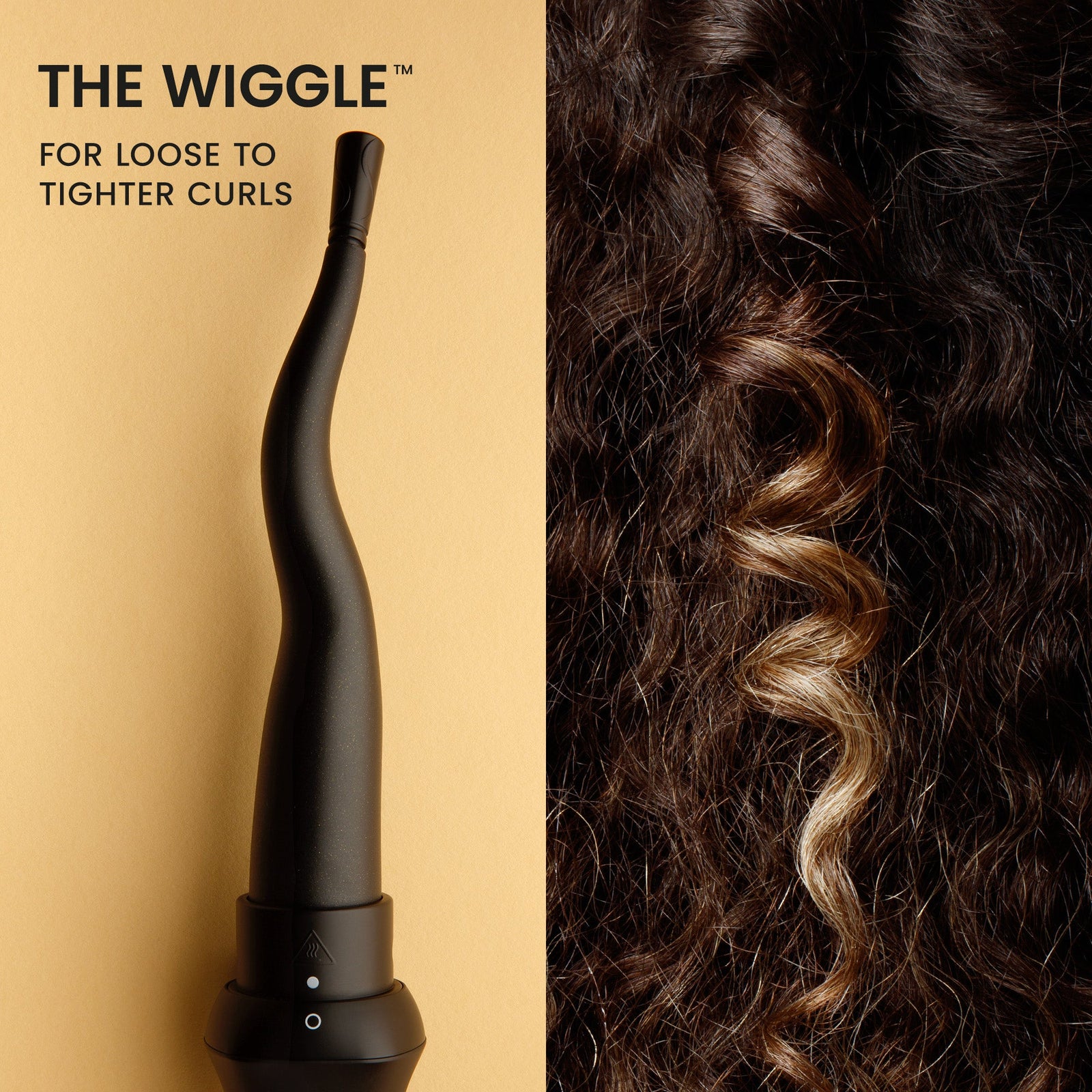 Black hair styling tool with curly hair on a beige background, labeled 'The Wiggle'., Click to enlarge