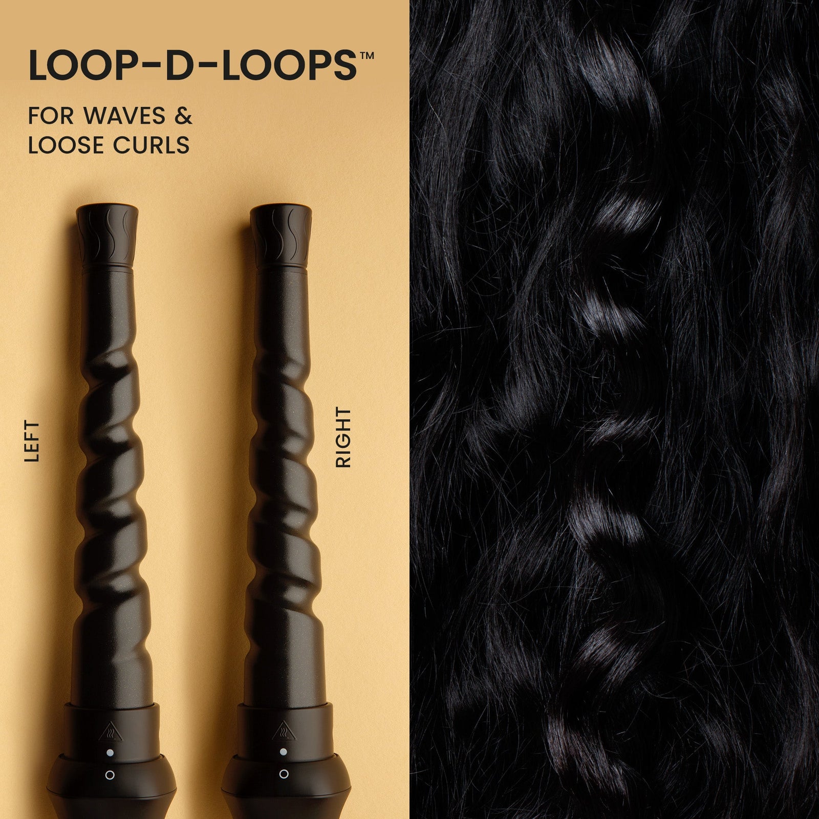 Loop-d-Loops hair styling tools with a close-up of styled hair on a beige background., Click to enlarge