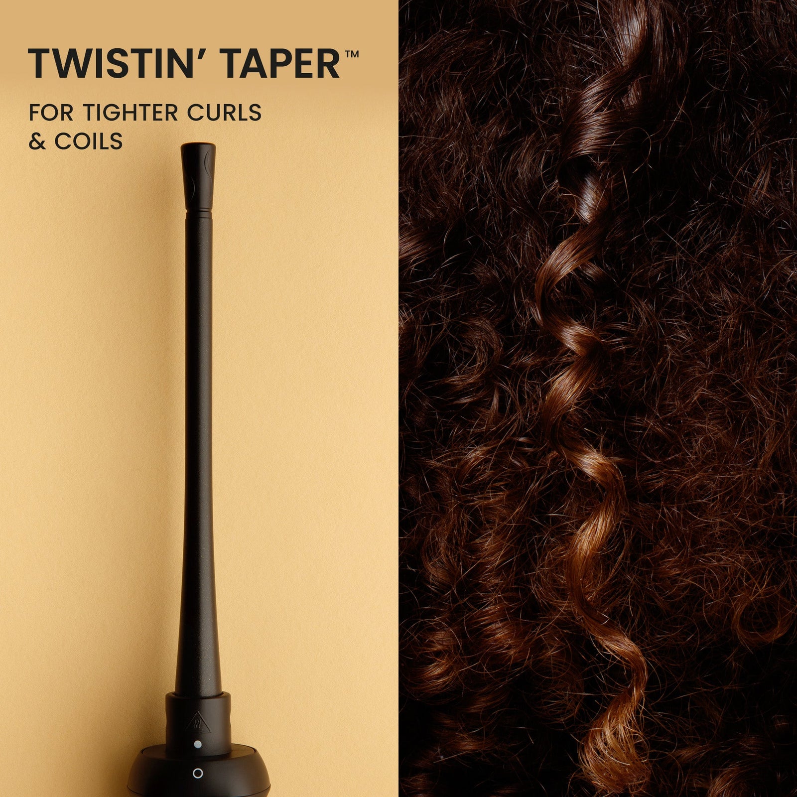 Hair styling tool with text 'Twistin' Taper' on a beige background, Click to enlarge