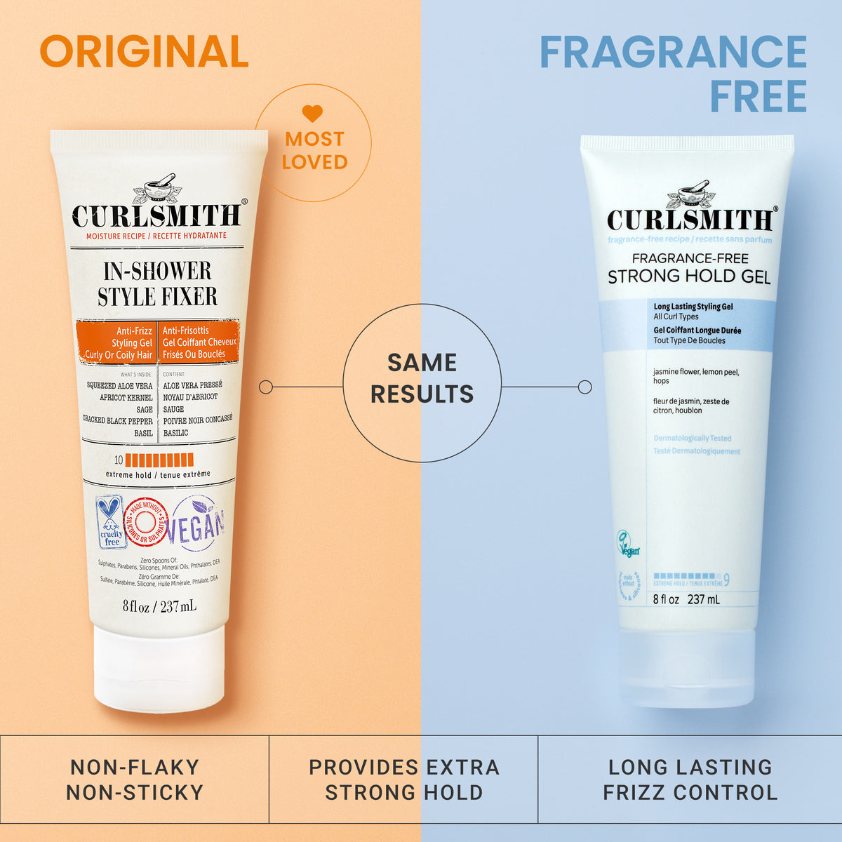 Two bottles of Curlsmith hair products on a split background, one labeled 'Original' and the other 'Fragrance Free'.