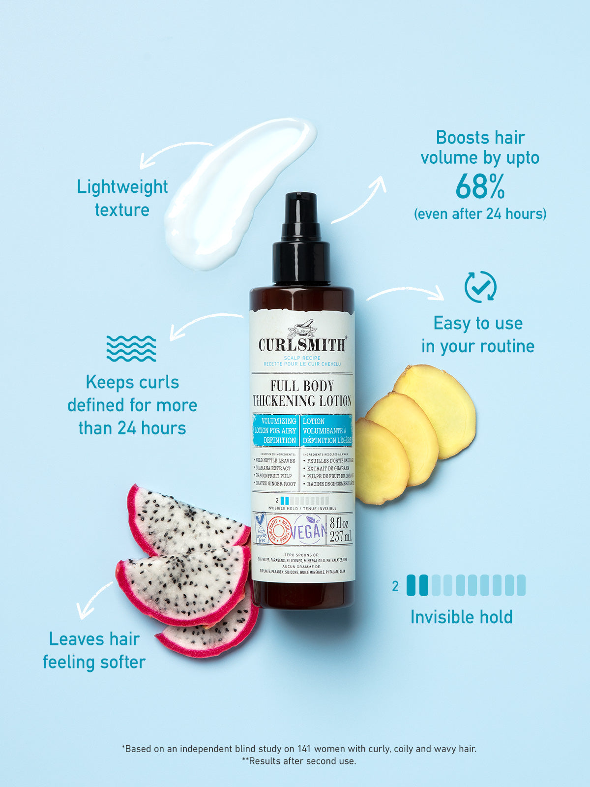 Curlsmith full body thickening lotion bottle with product benefits on a blue background