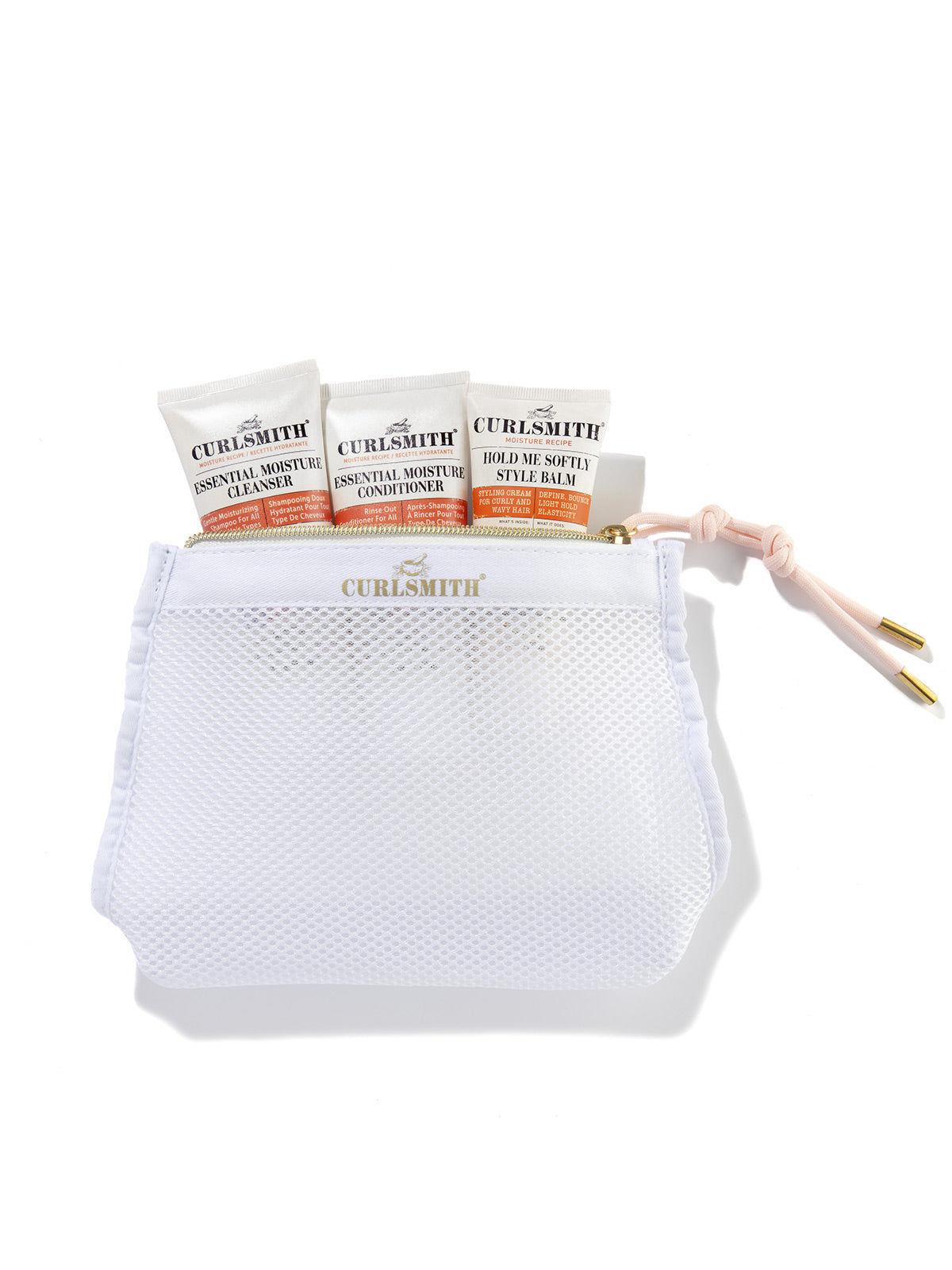 A clear mesh travel bag with three orange and white colored tubes labeled 'CURLSMITH'.