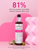 Bottle of Full Body Volumizing Lotion against pink background 