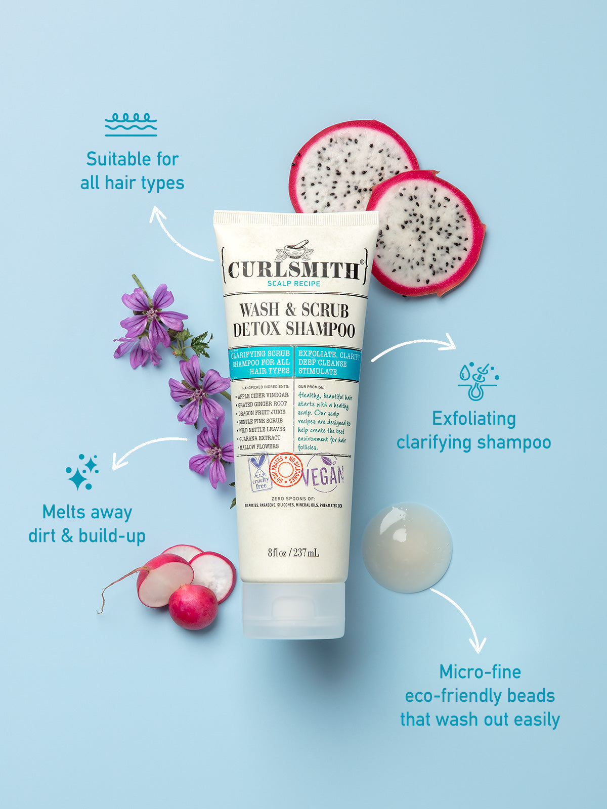 Curlsmith Wash & Scrub Detox Shampoo bottle with dragon fruit, flowers, and text on a blue background