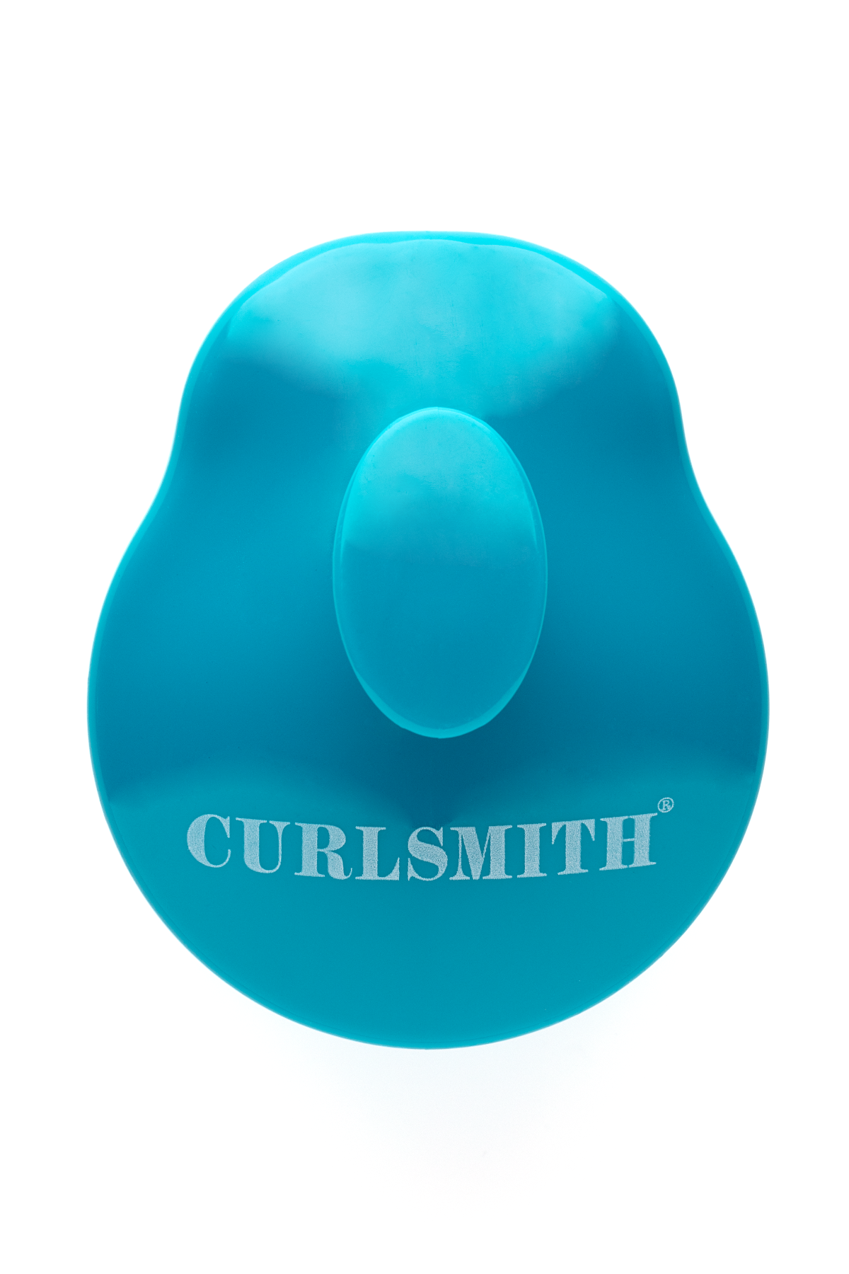 A blue scalp massager with the brand name Curlsmith inscribed on it.