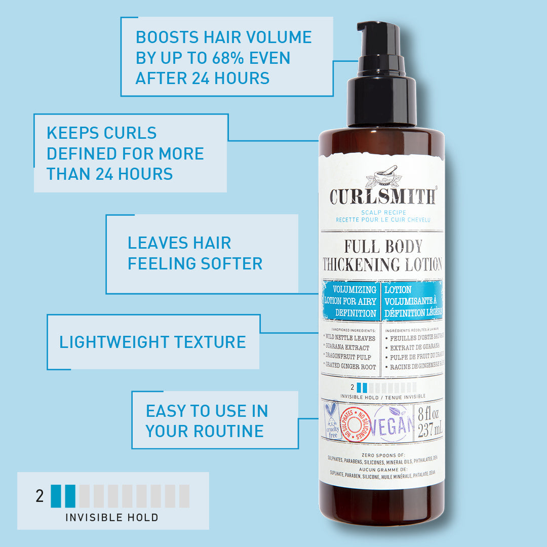 Two bottles of Curlsmith Full Body Thickening Lotion on a reflective surface with a blue sky background.