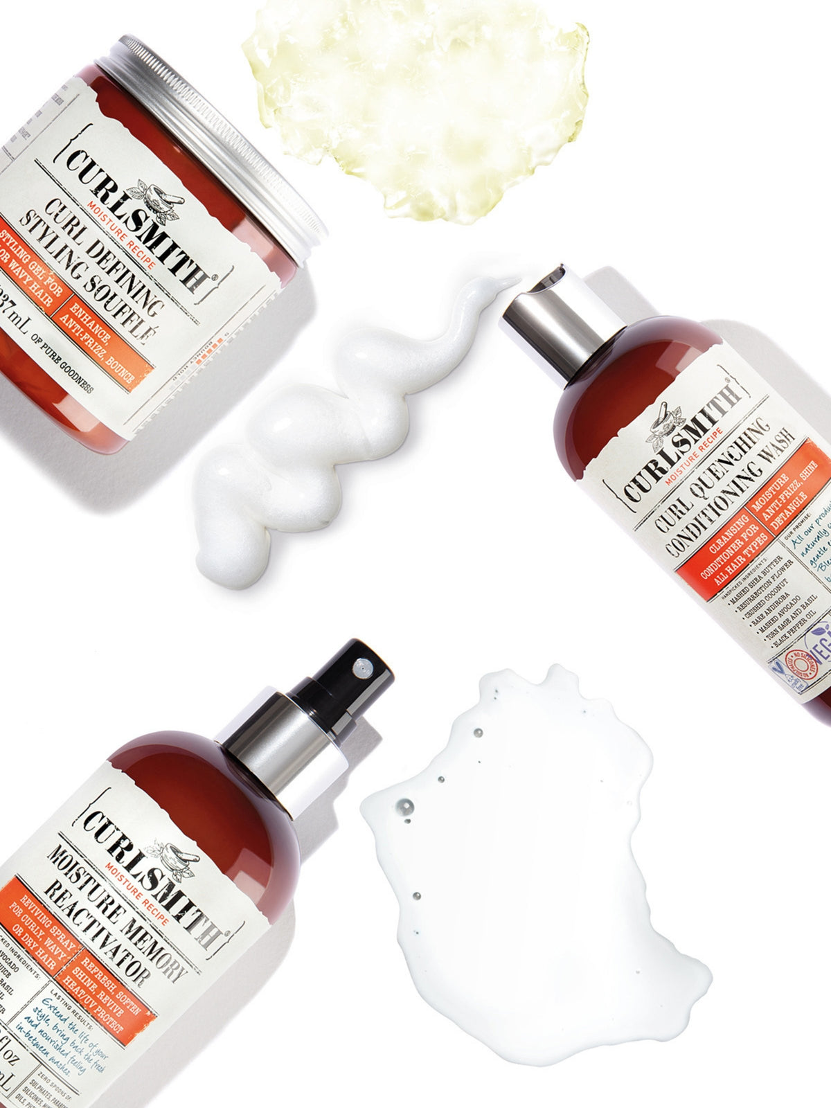 Three bottles of Curlsmith hair products for curly hair