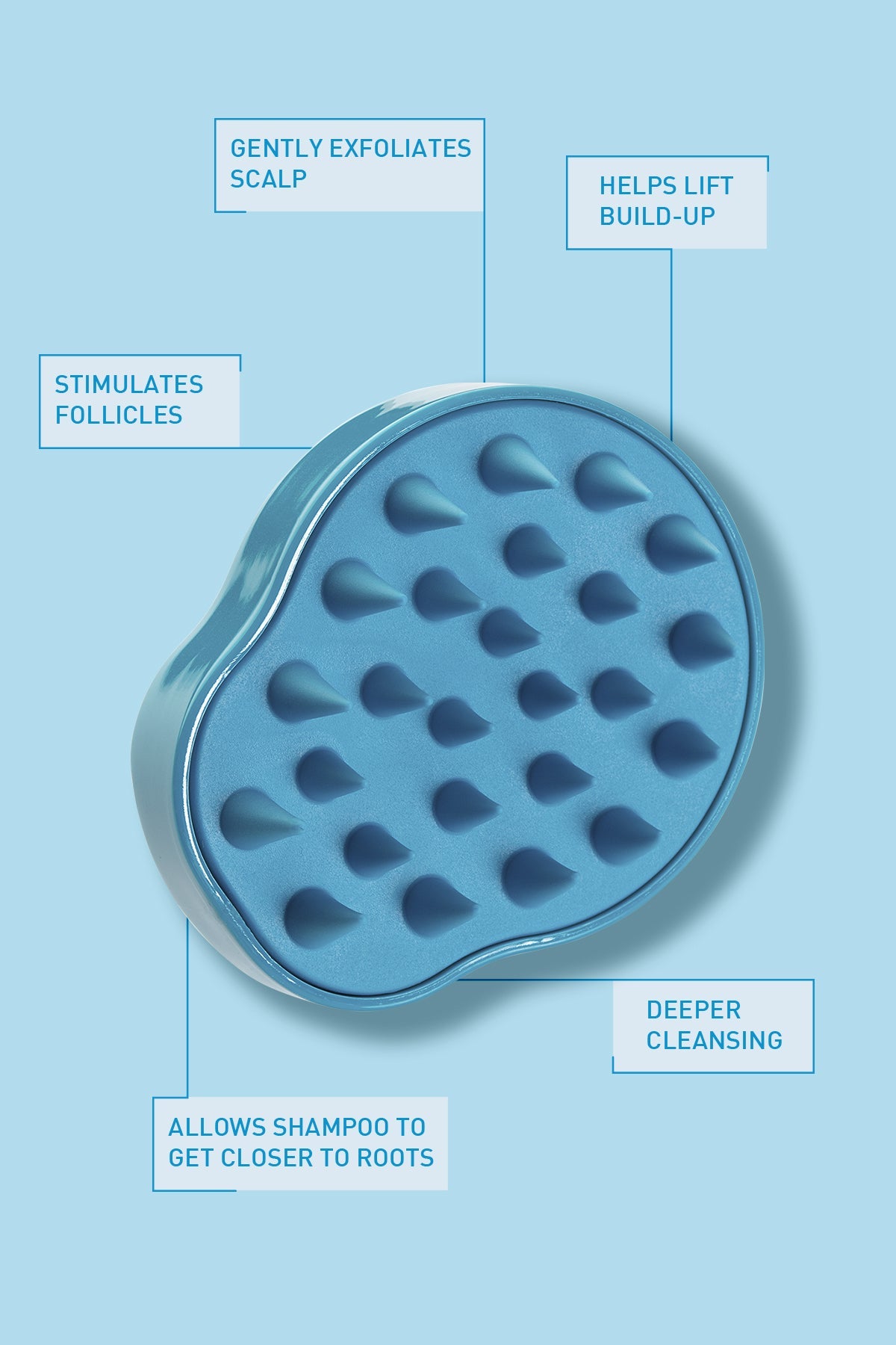 A blue scalp massager with the brand name Curlsmith inscribed on it.