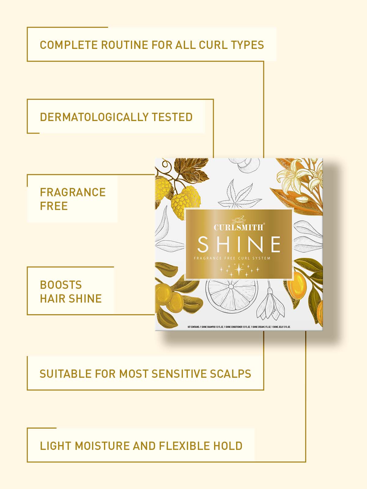 A set of hair care products by Curlsmith, including bottles of shampoo, conditioner, and a leave-in hair food, packaged in a box with a floral design.