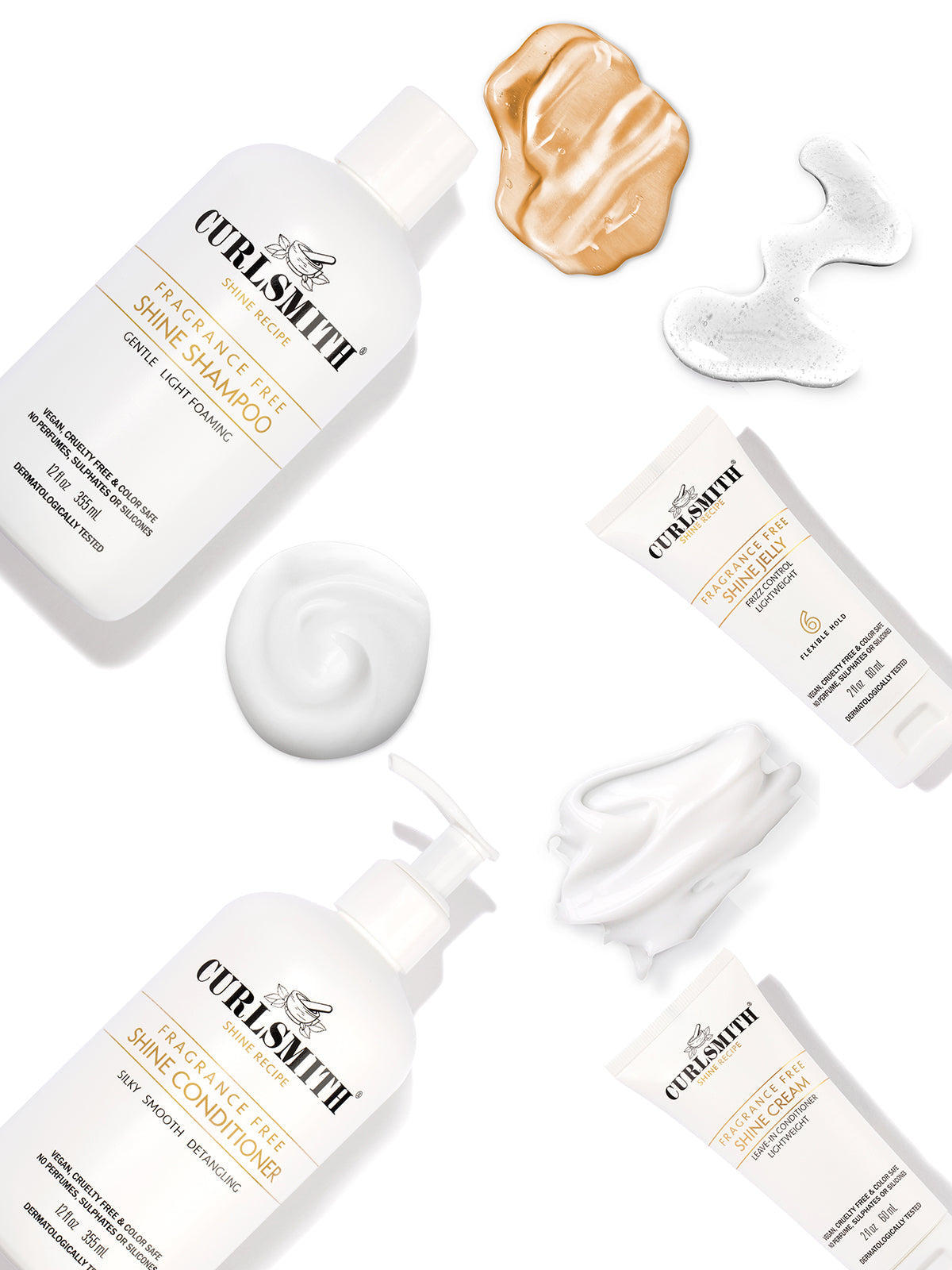 A set of hair care products by Curlsmith, including bottles of shampoo, conditioner, and a leave-in hair food, packaged in a box with a floral design.