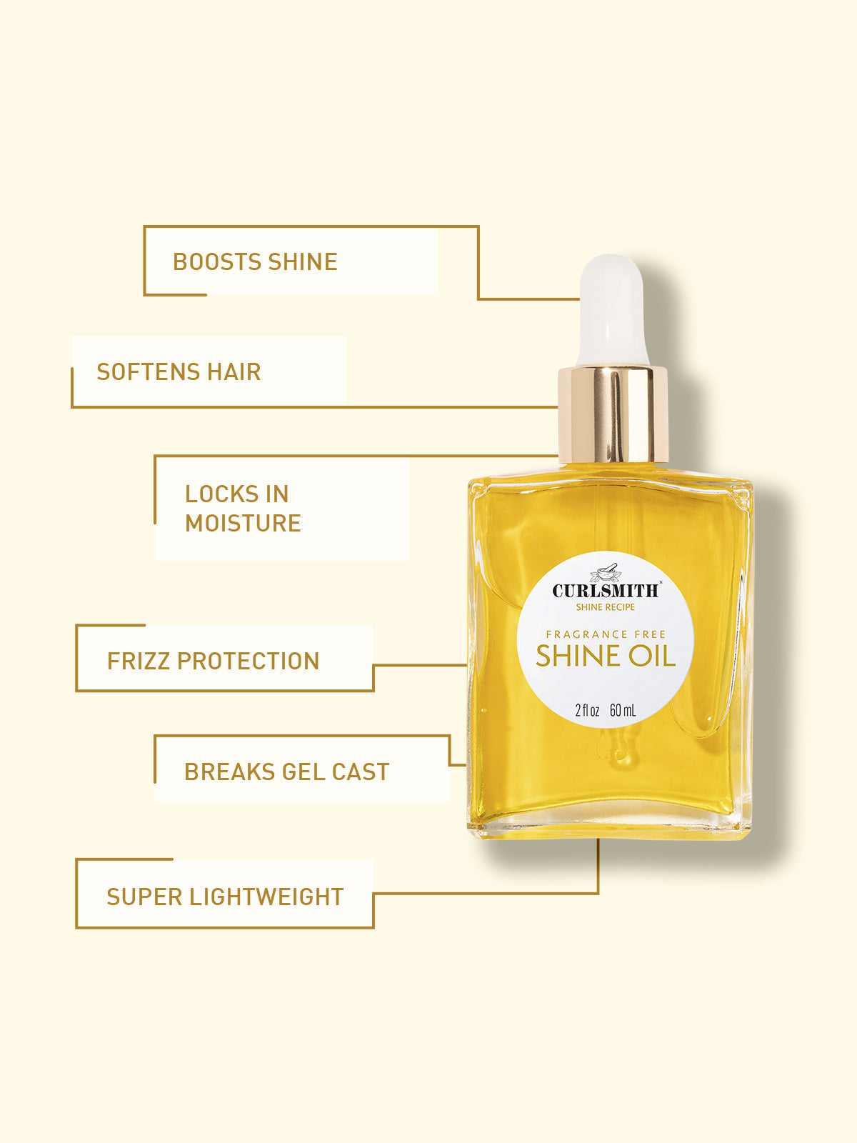 A clear glass bottle with a dropper filled with yellow liquid, labeled 'SHINE OIL' from Curlsmith.