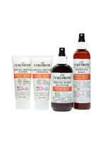 A product image featuring various wavy hair hair care items including bottles and tubes, arranged against an orange-themed background.