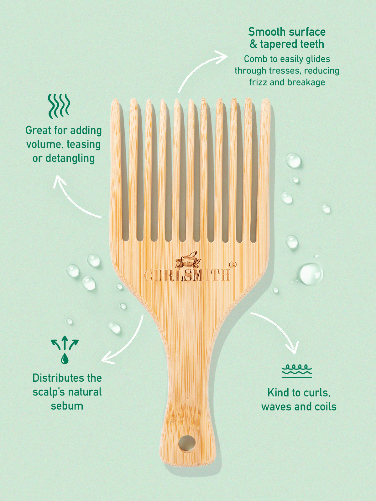 A bamboo hair pick with a wide-tooth design and a hole in the handle for hanging or holding.