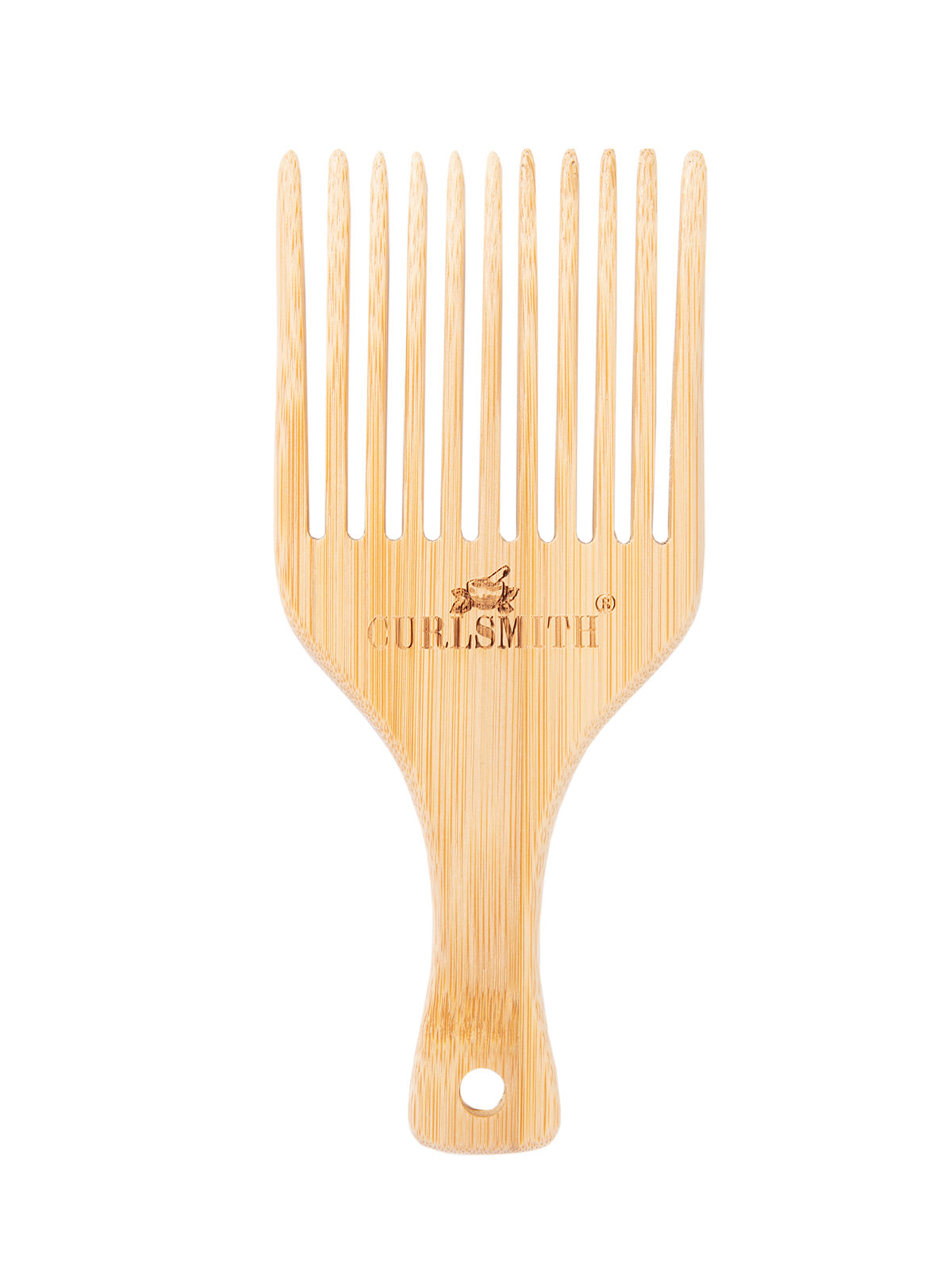 A bamboo hair pick with a wide-tooth design and a hole in the handle for hanging or holding.